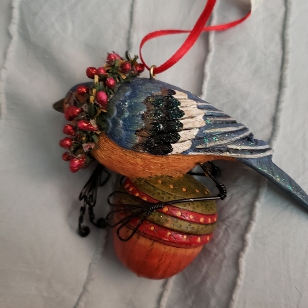 Blue and Orange Western Blue Bird Holiday Christmas Ornament With Acorn